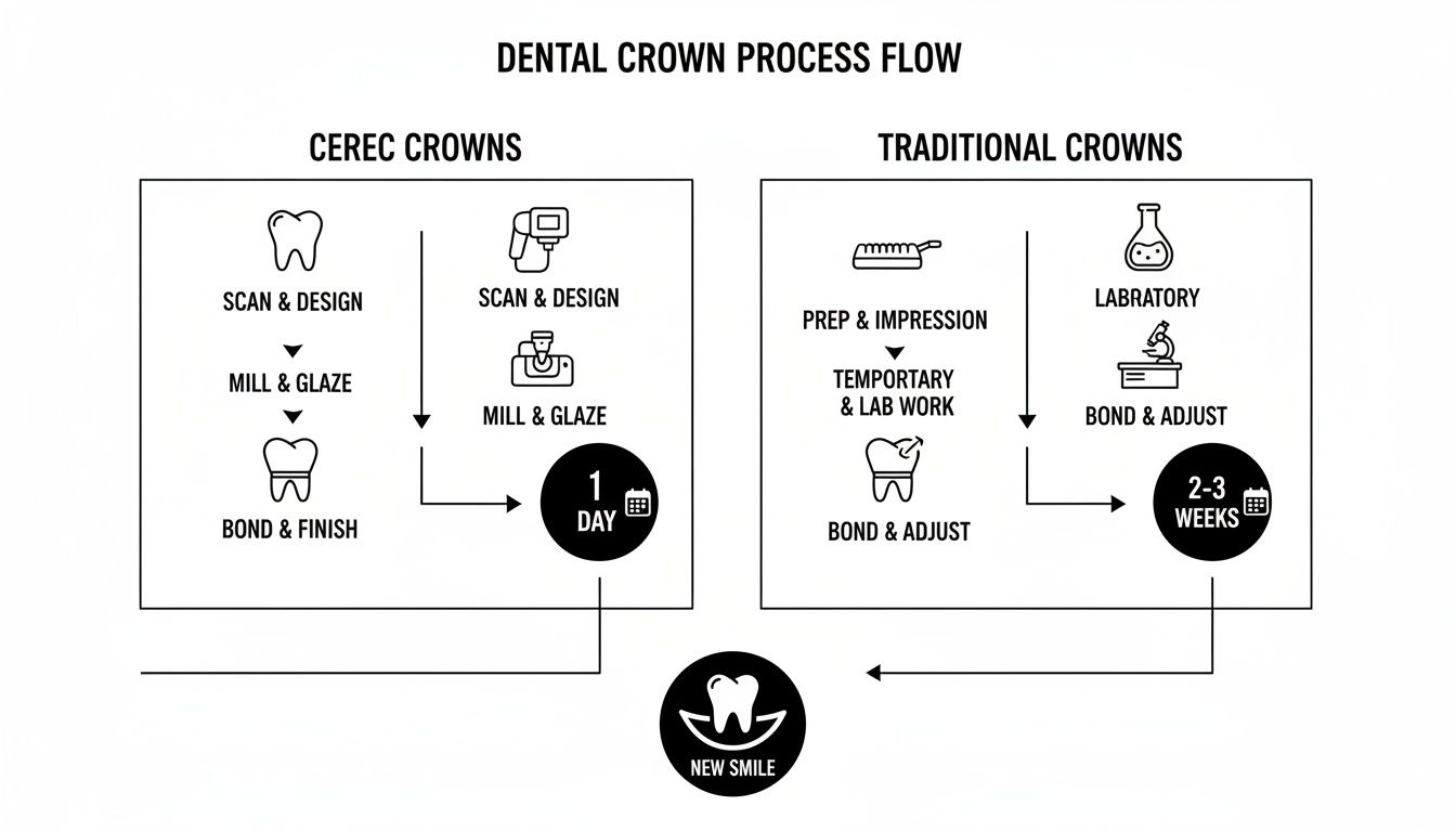 Flowchart comparing CEREC and Traditional dental crown processes, detailing steps and timelines for a new smile.
