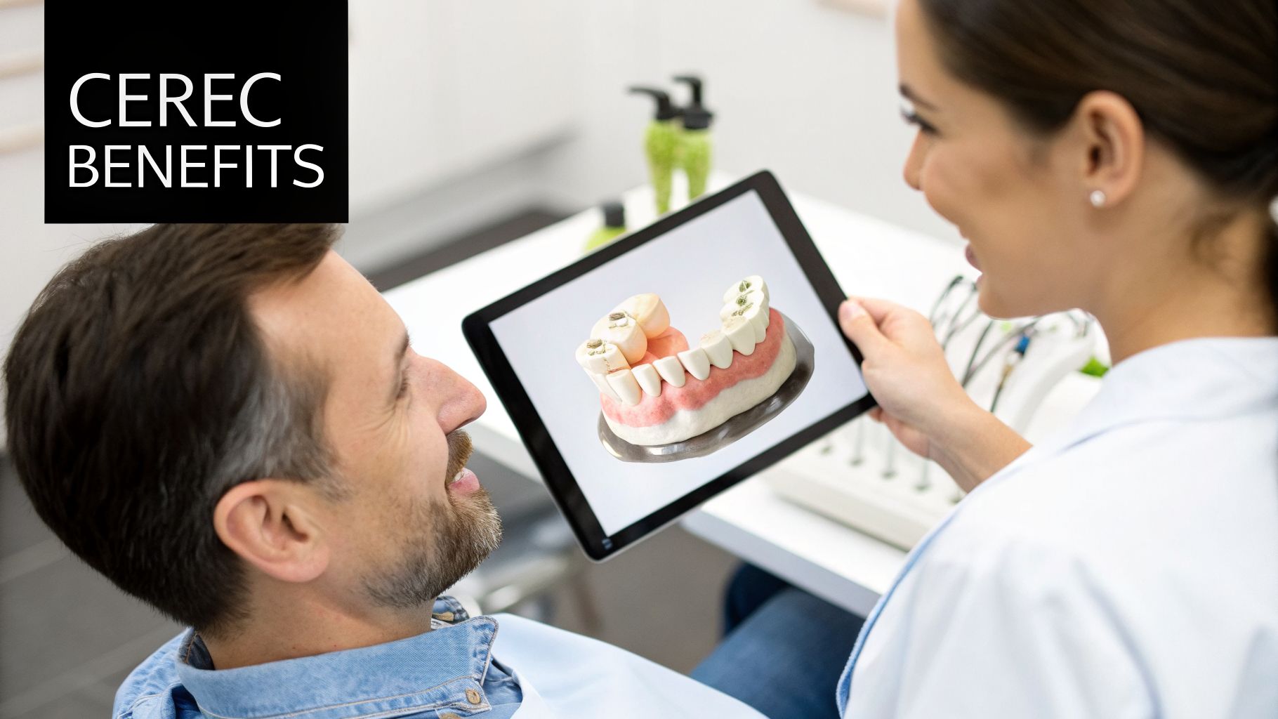 Dentist shows patient a 3D model of teeth with CEREC restorations on a tablet, discussing benefits.