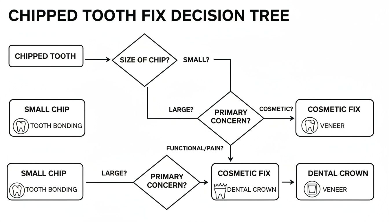 Chipped tooth fix decision tree outlining treatments like bonding, veneers, or dental crowns based on chip size.