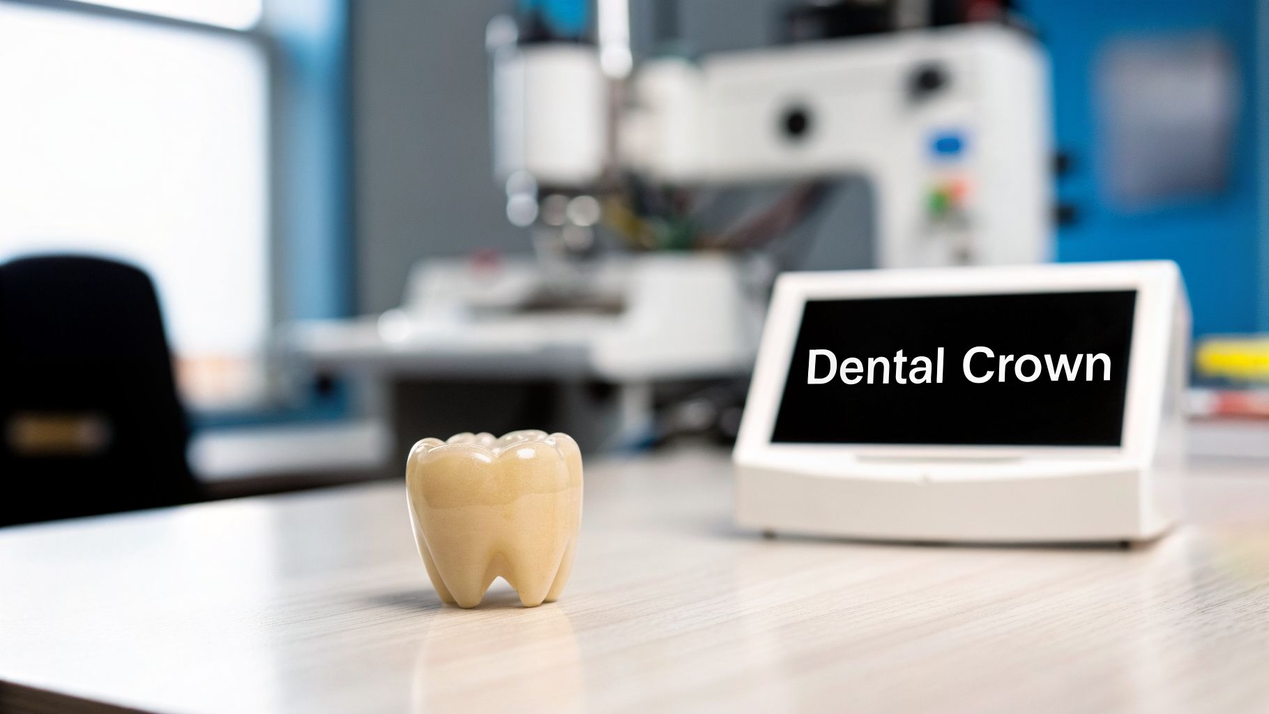 A realistic dental crown sits on a light wooden table, with a digital display showing 'Dental Crown' in a lab background.