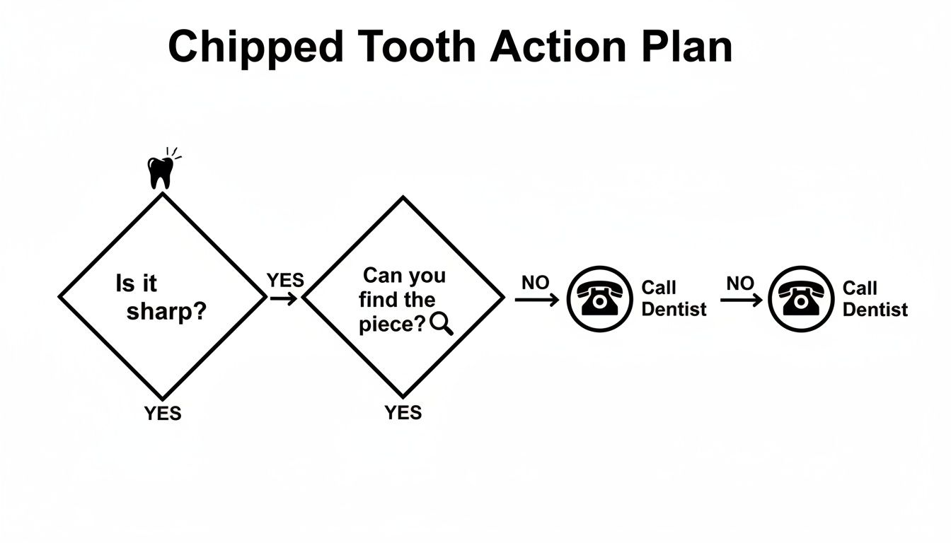 Flowchart detailing actions for a chipped tooth, emphasizing calling a dentist for all paths.
