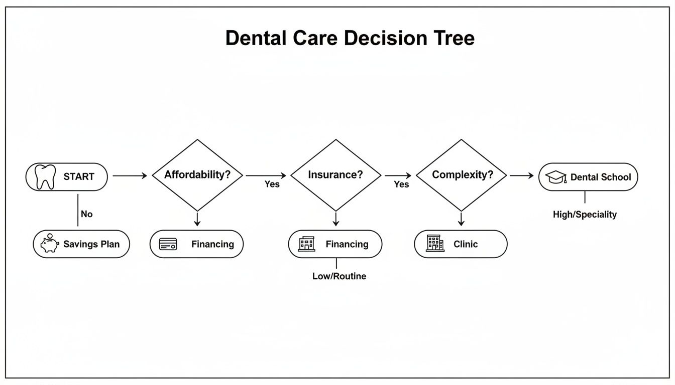 A dental care decision tree flowchart illustrating choices based on affordability, insurance, and complexity.