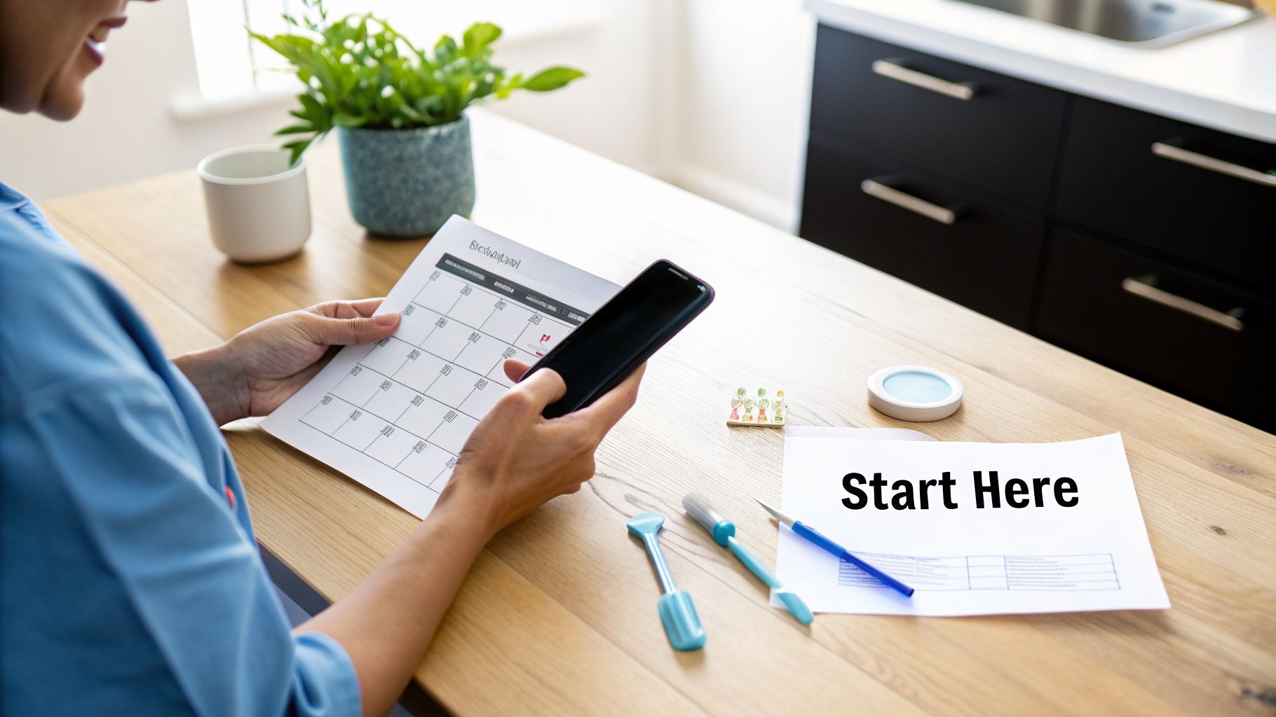 A person sitting at a wooden table, looking at a calendar while holding a smartphone.