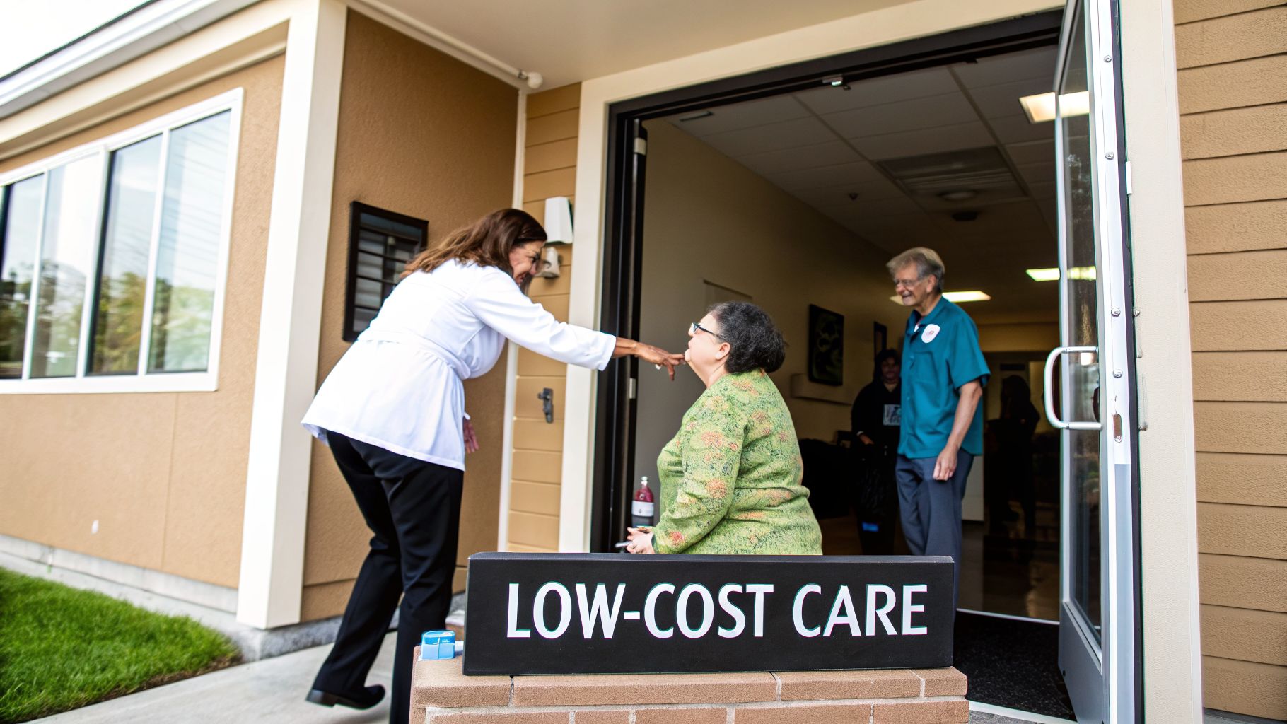 Smiling healthcare professional interacts with a senior patient at a low-cost care center entrance.