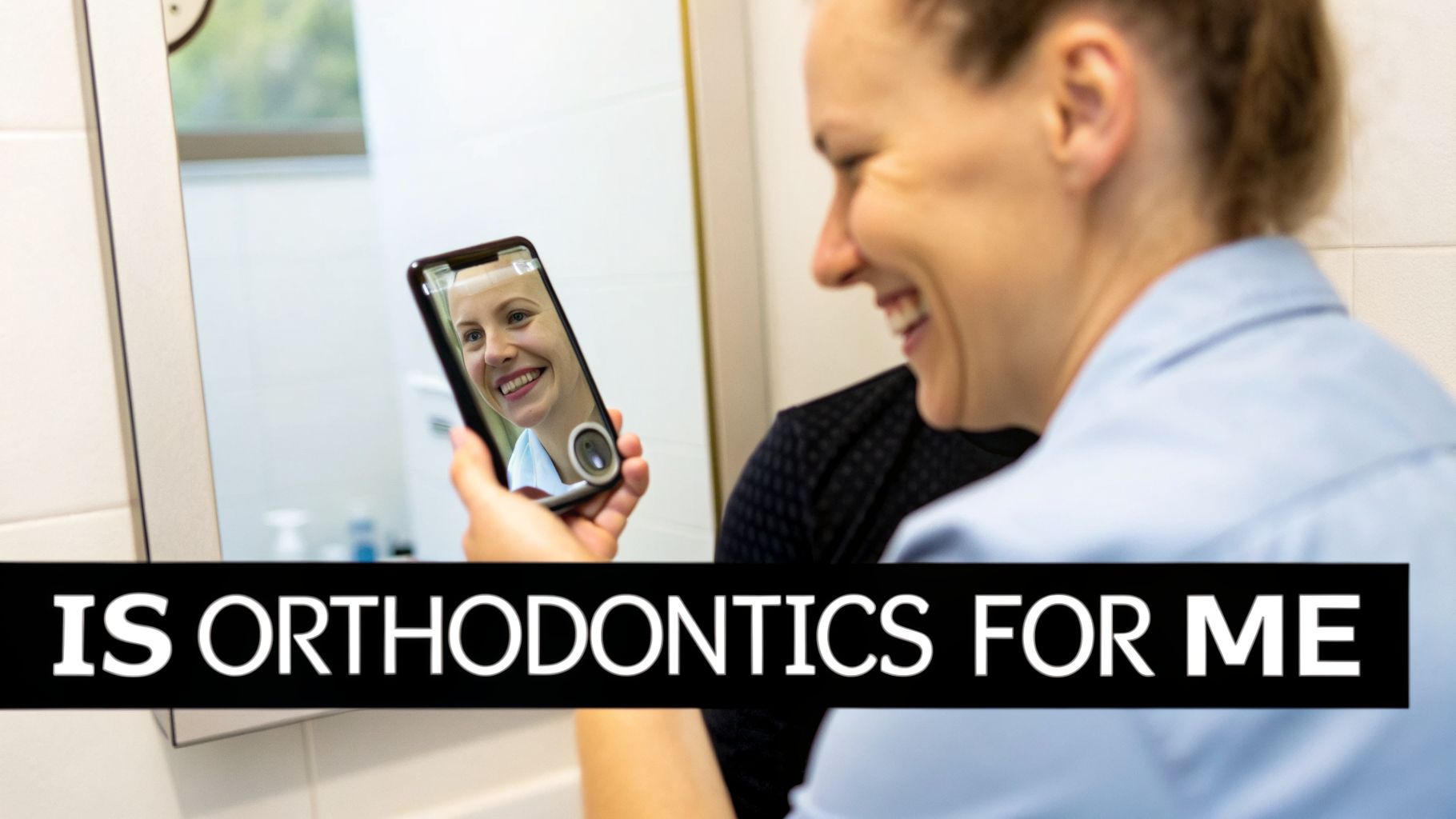 A woman smiles while holding a smartphone displaying her happy reflection, relevant to orthodontics.