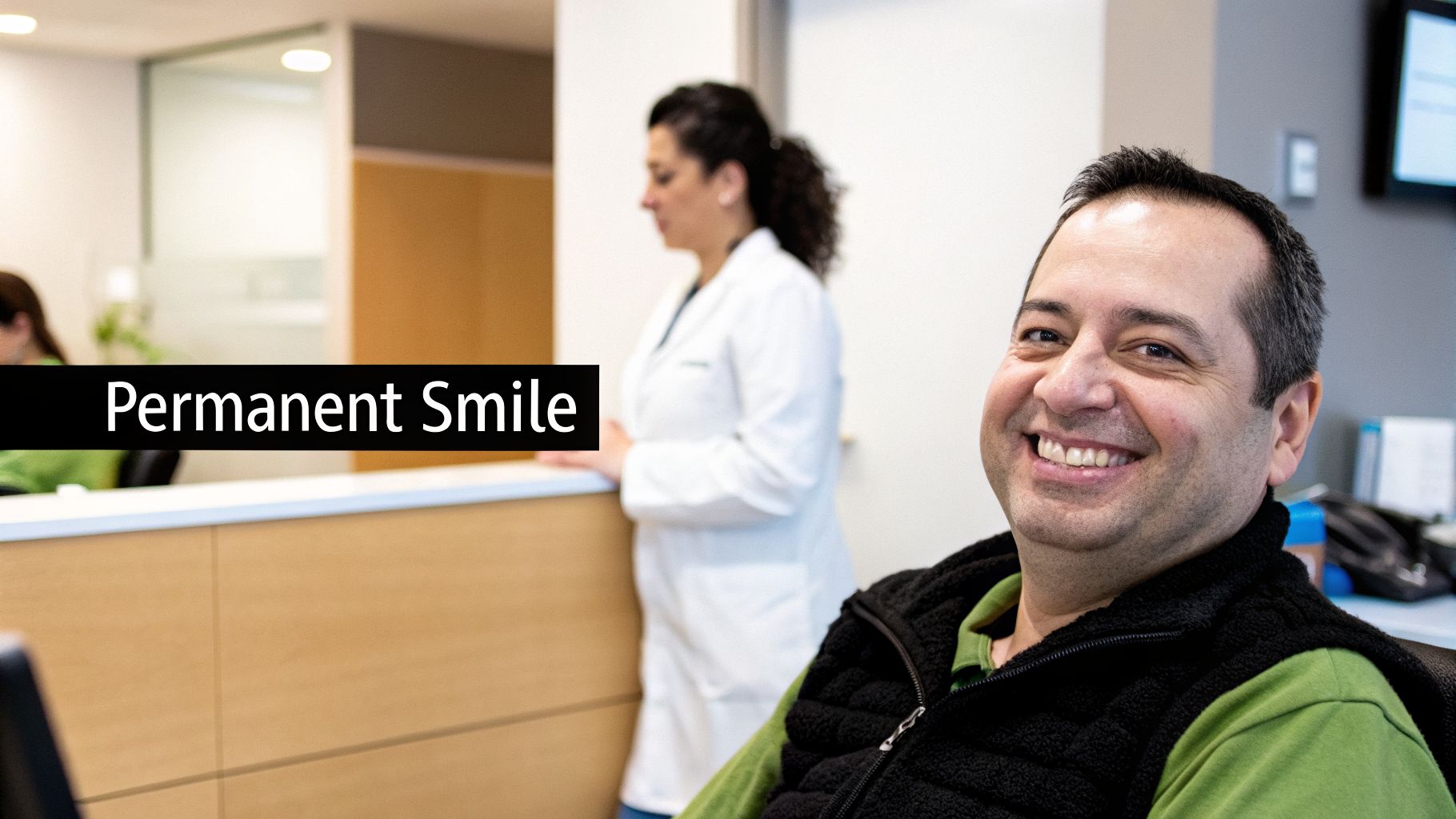 A happy man with a radiant smile sits in a dental office, a professional in the background.