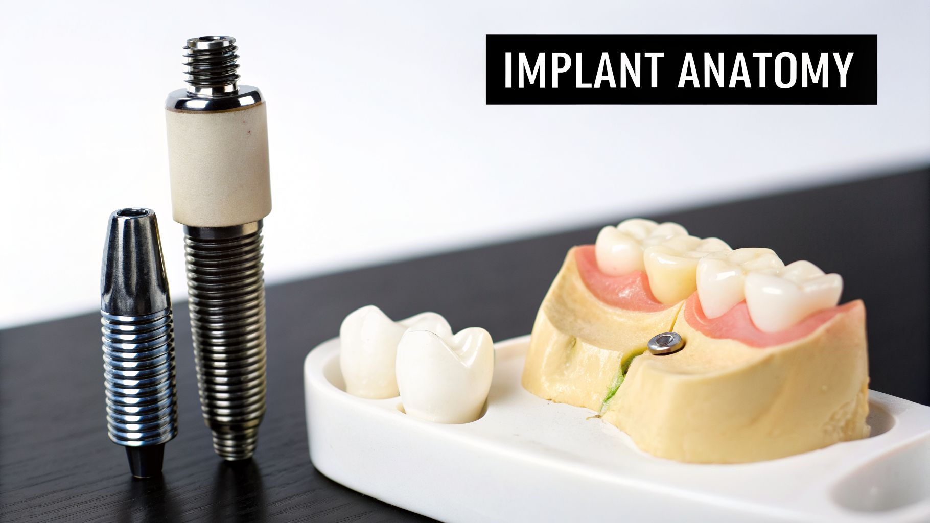 Detailed view of dental implant components, models of teeth and gums, and 'IMPLANT ANATOMY' text.