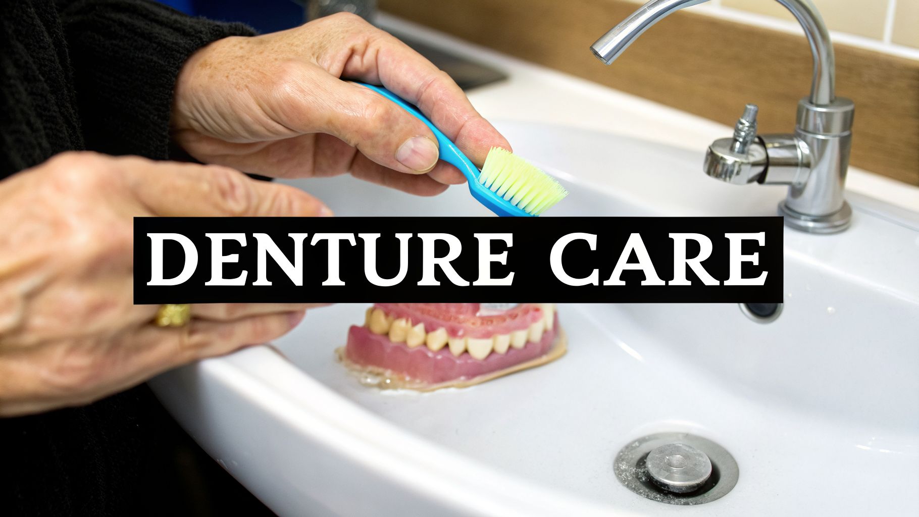 A person cleaning a full set of pink and white dentures in a white sink with a blue toothbrush, with "DENTURE CARE" text overlay.