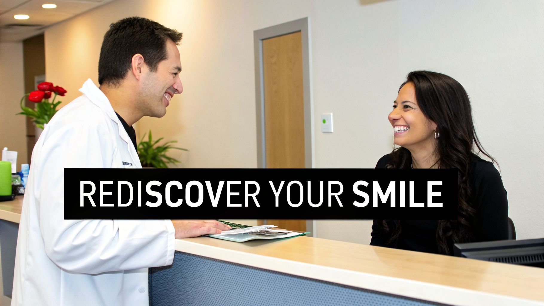 A smiling male dentist talks to a happy female patient at a modern reception desk, with 'REDISCOVER YOUR SMILE' text.