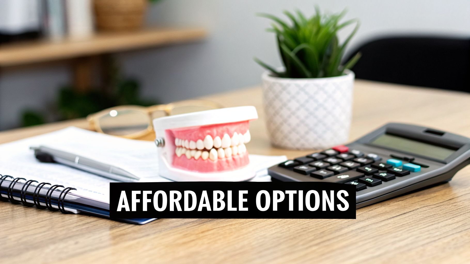 A dental model, calculator, and notebook on a desk, illustrating affordable dental care options.