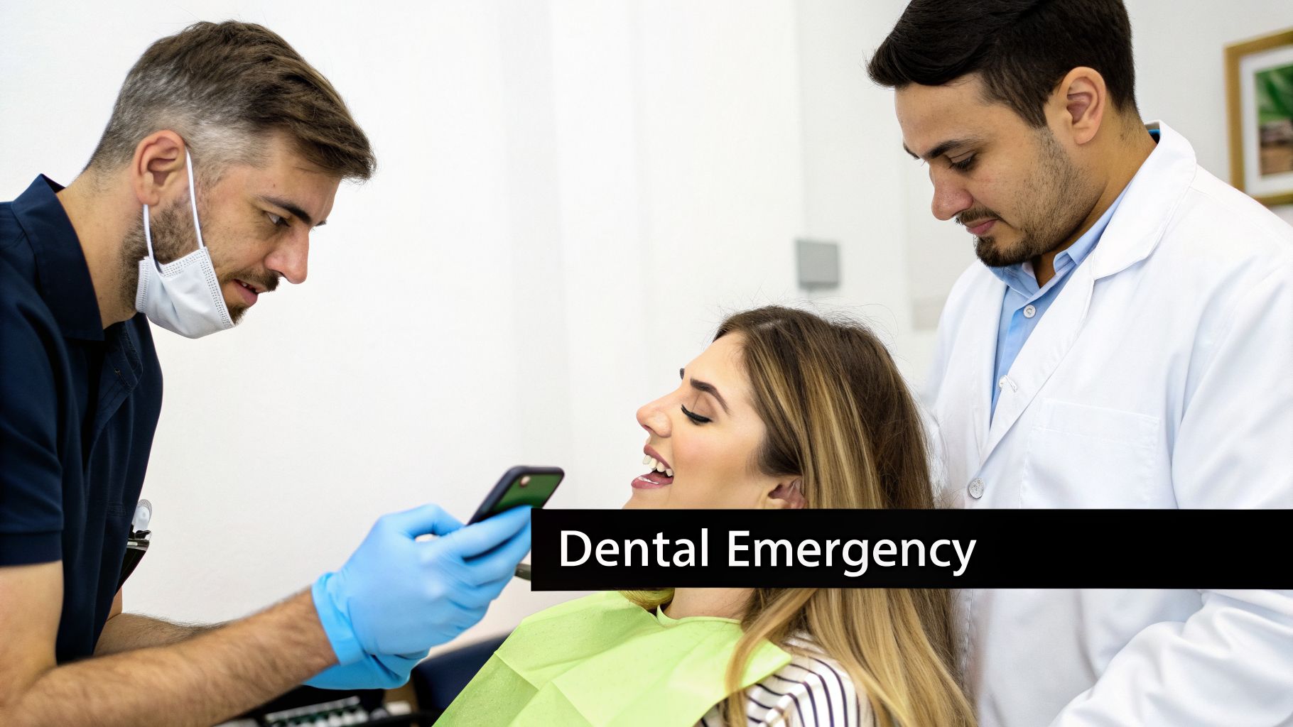 Dental professional in gloves shows phone to smiling patient, with another dentist, text 'Dental Emergency' overlaid.
