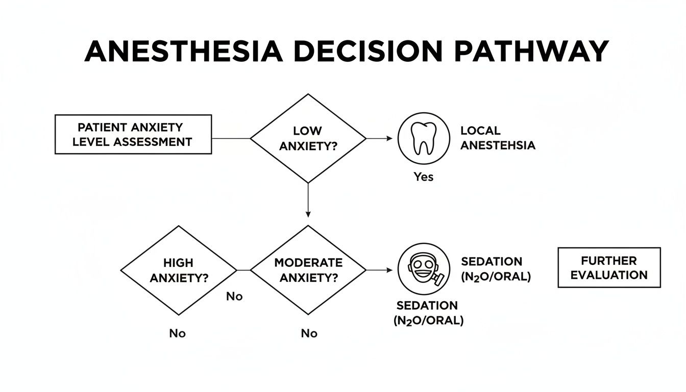 Flowchart illustrating anesthesia decision pathway based on patient anxiety level assessment.