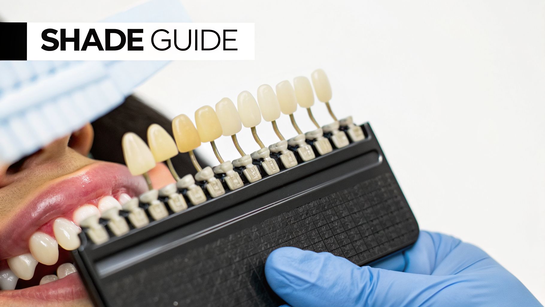A dental professional comparing tooth shades using a shade guide next to a patient's open mouth.