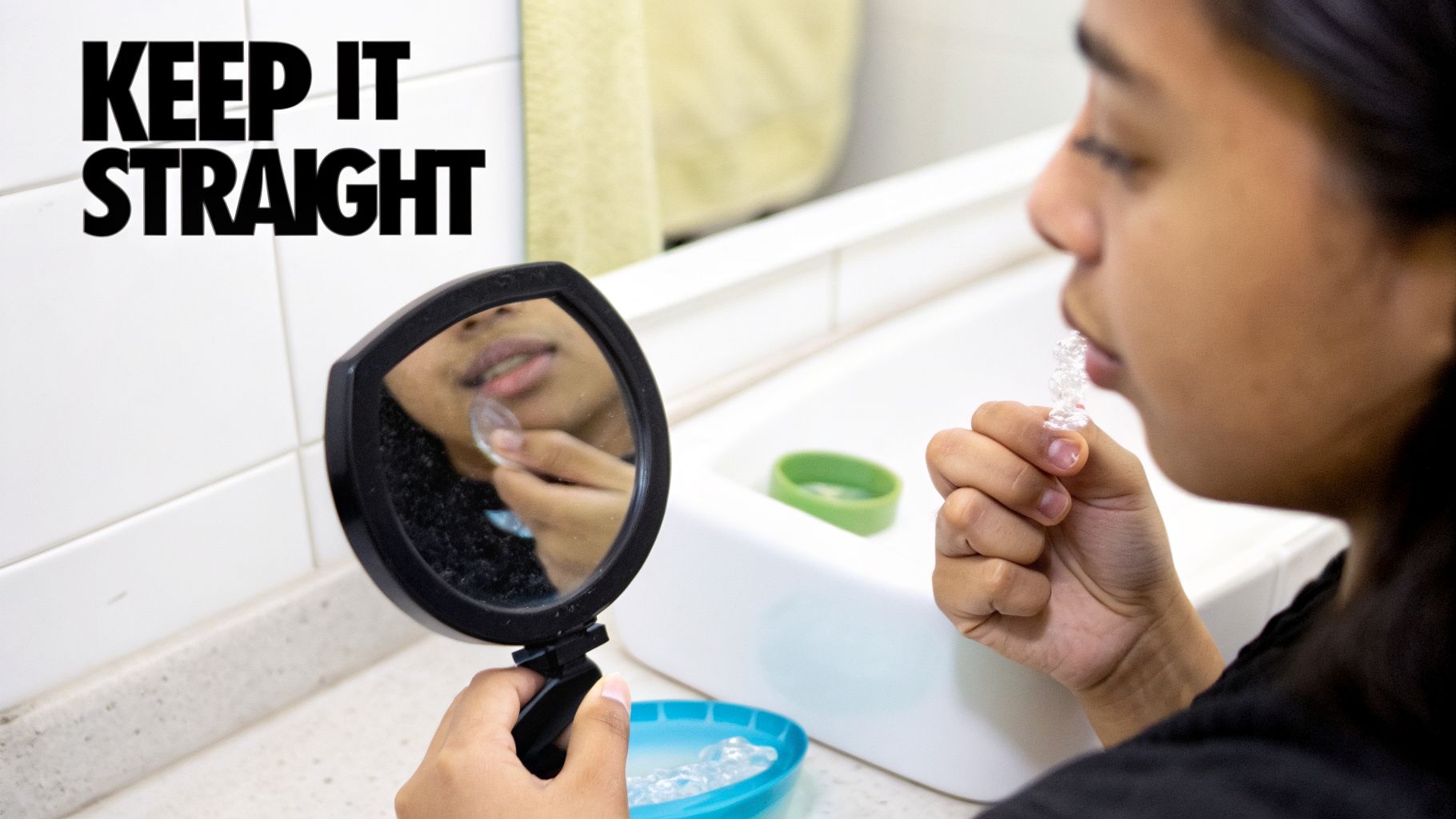 Young adult looks in a mirror while fitting clear dental aligner, with 'KEEP IT STRAIGHT' text.