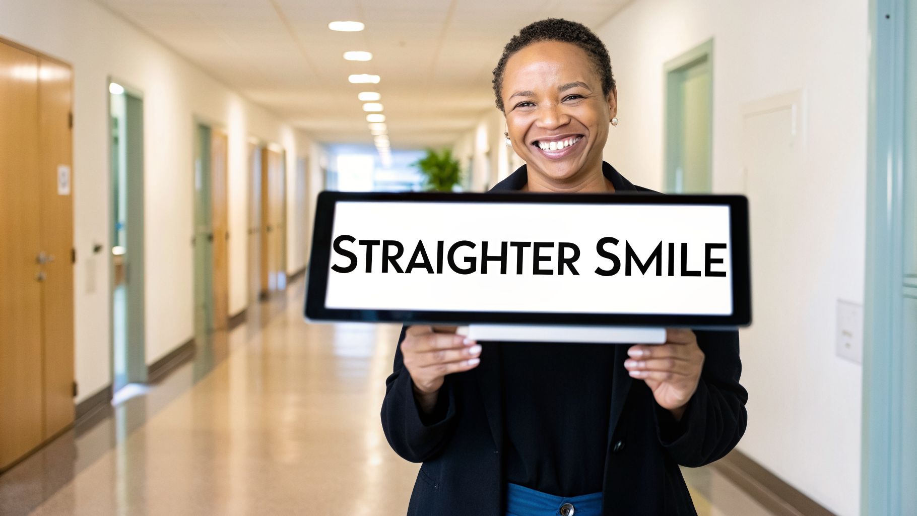 A smiling Black woman holds a tablet displaying "STRAIGHTER SMILE" in a bright hallway.