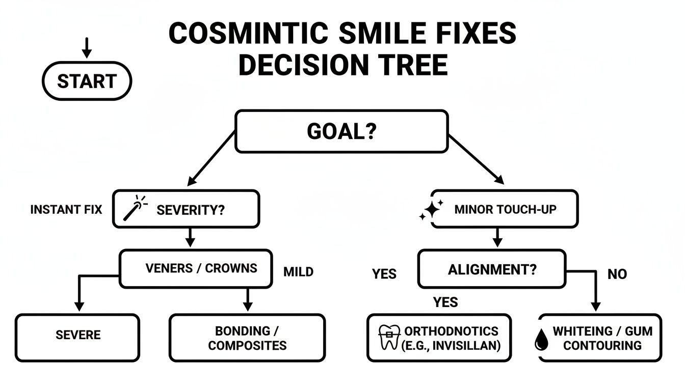 Decision tree flowchart outlining cosmetic smile fix options based on severity, alignment, and goals.