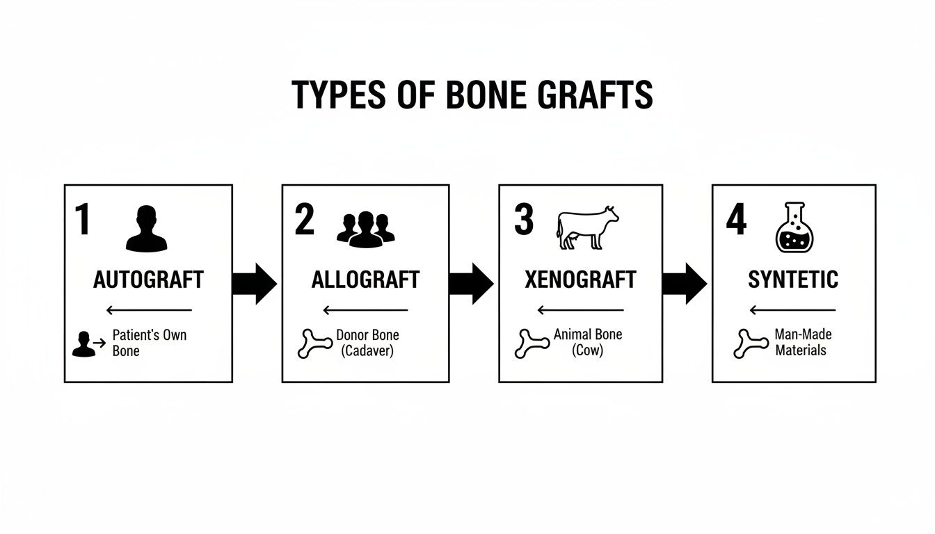 An infographic illustrating four types of bone grafts: autograft, allograft, xenograft, and synthetic, with their sources.
