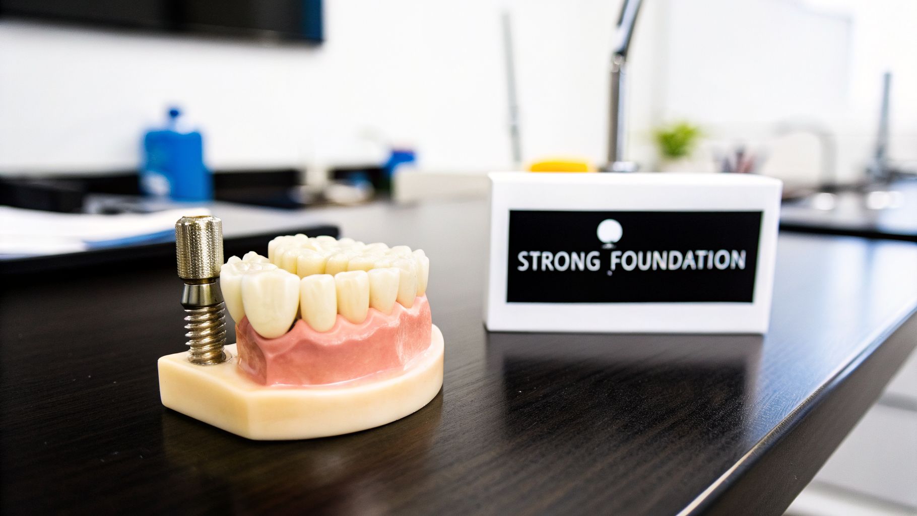 A detailed dental implant model next to a set of false teeth and a 'STRONG FOUNDATION' sign.