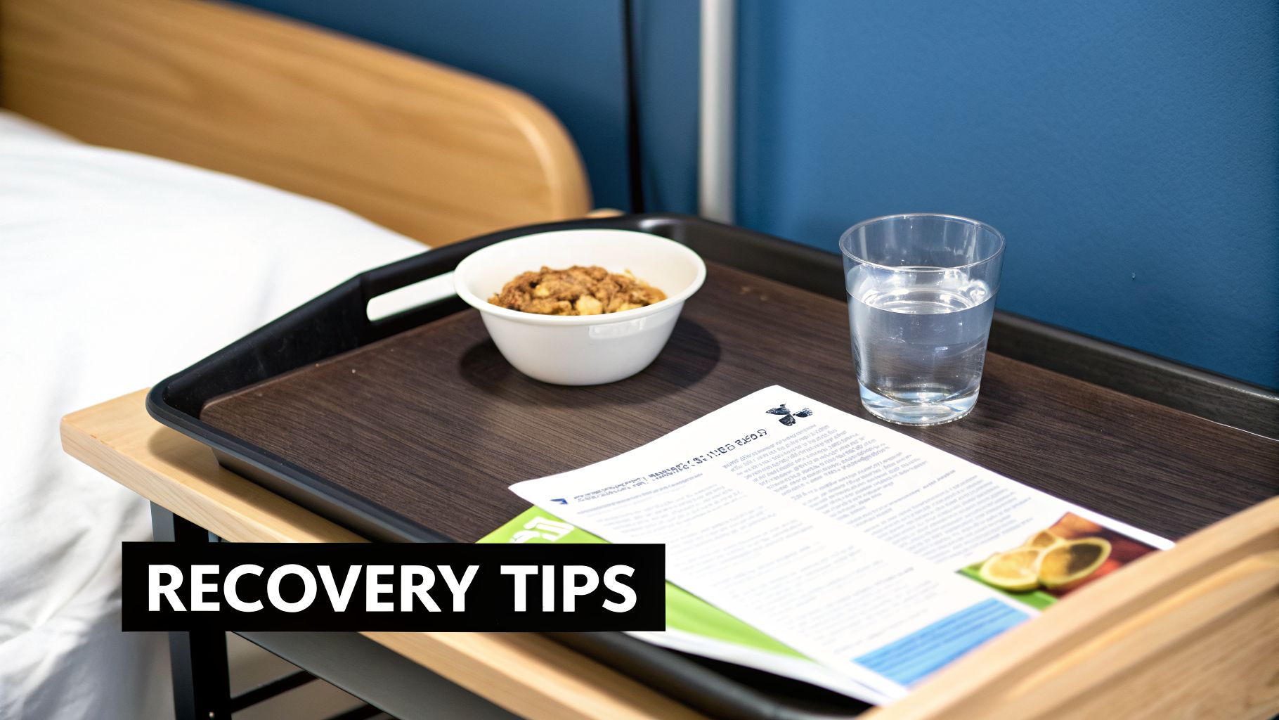 A bedside tray next to a bed with a bowl of food, a glass of water, and a 'Recovery Tips' document.