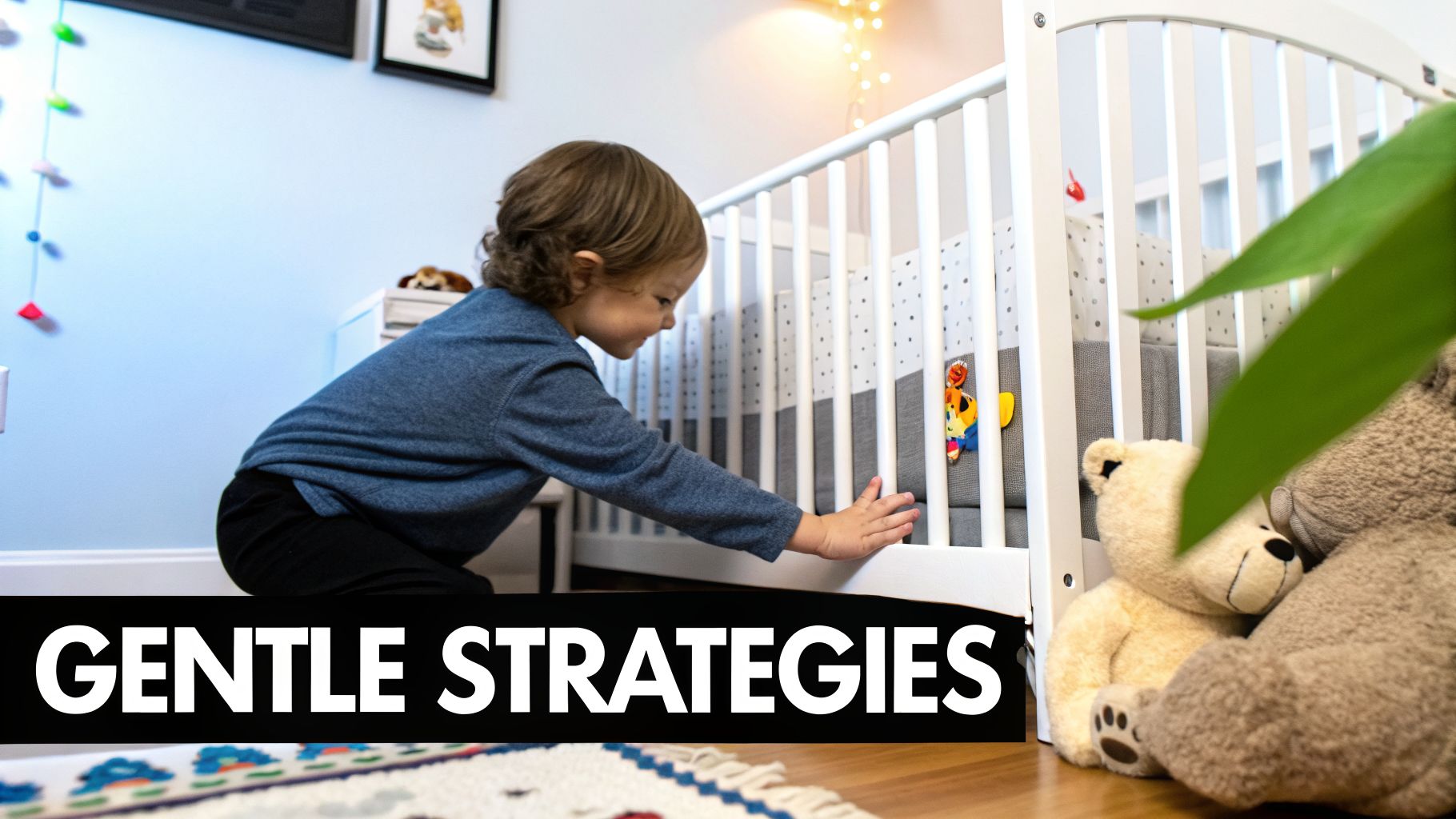 A young toddler looks into a white crib in a cozy nursery room with soft toys.