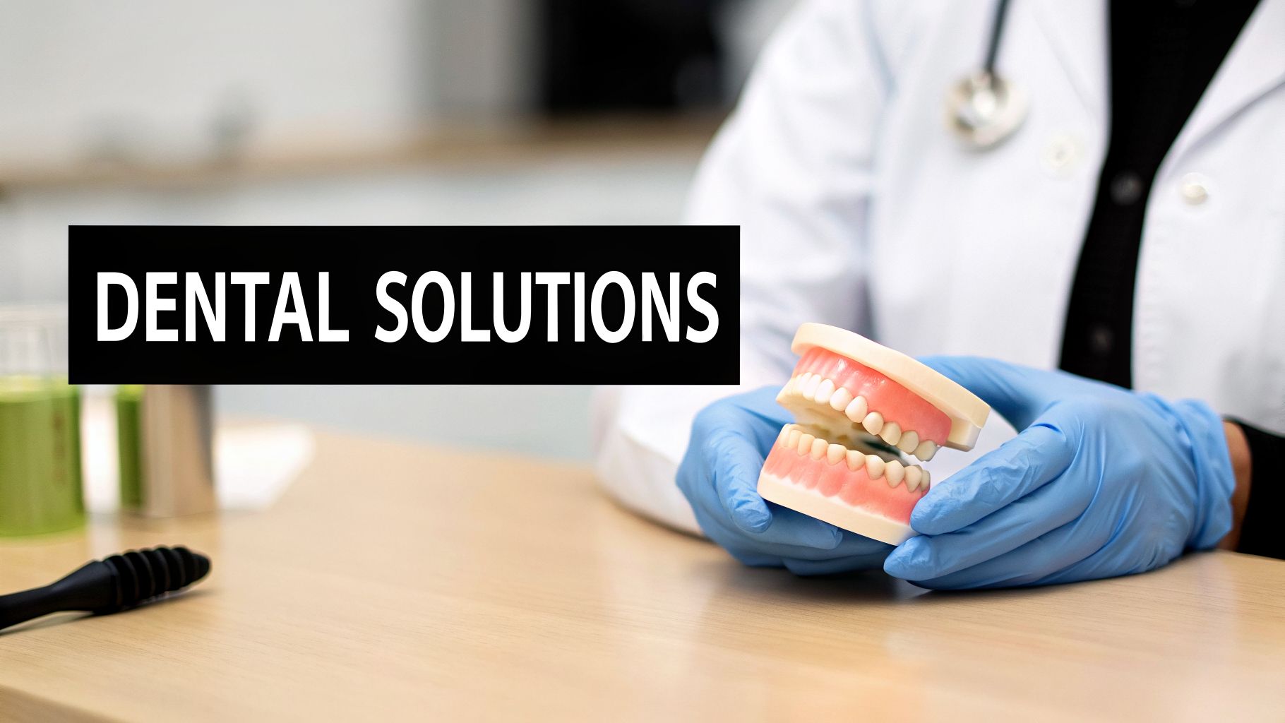Close-up of a dentist in blue gloves holding a dental model with a "DENTAL SOLUTIONS" banner.