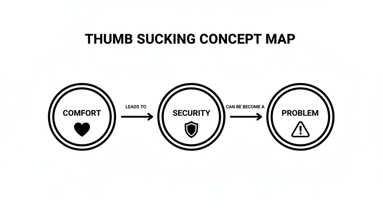 A concept map illustrating how thumb sucking progresses from comfort to security and then becomes a problem.