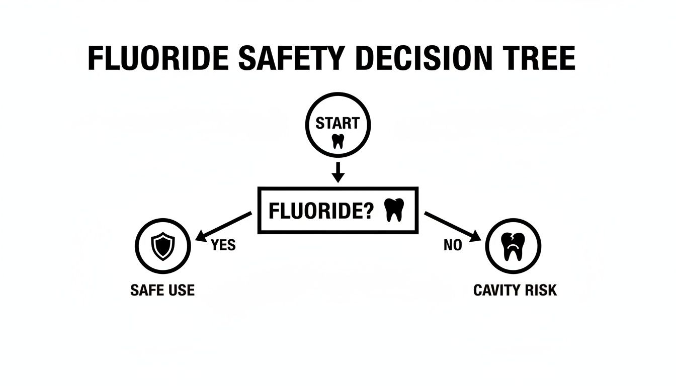 Fluoride safety decision tree illustrating safe use with fluoride and cavity risk without it.