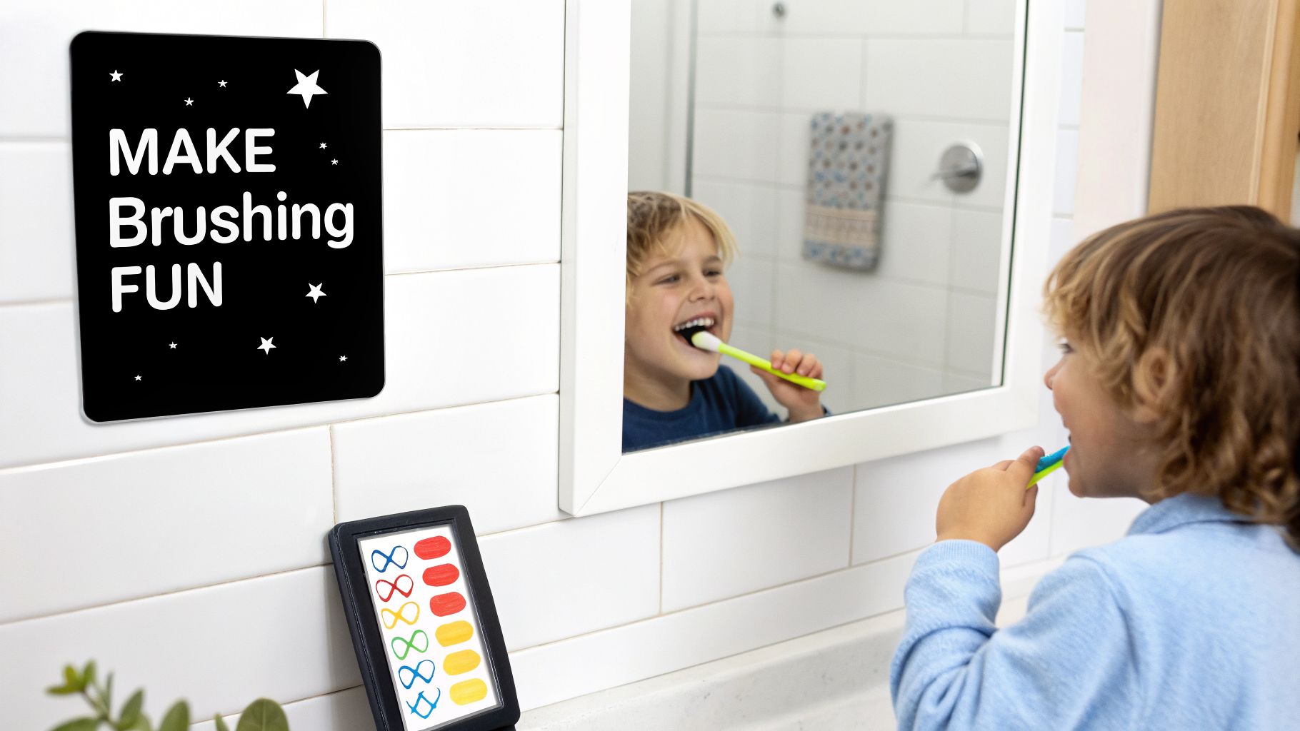 A cheerful boy brushing his teeth in a bathroom, with a 'MAKE Brushing FUN' sign and a reward chart.