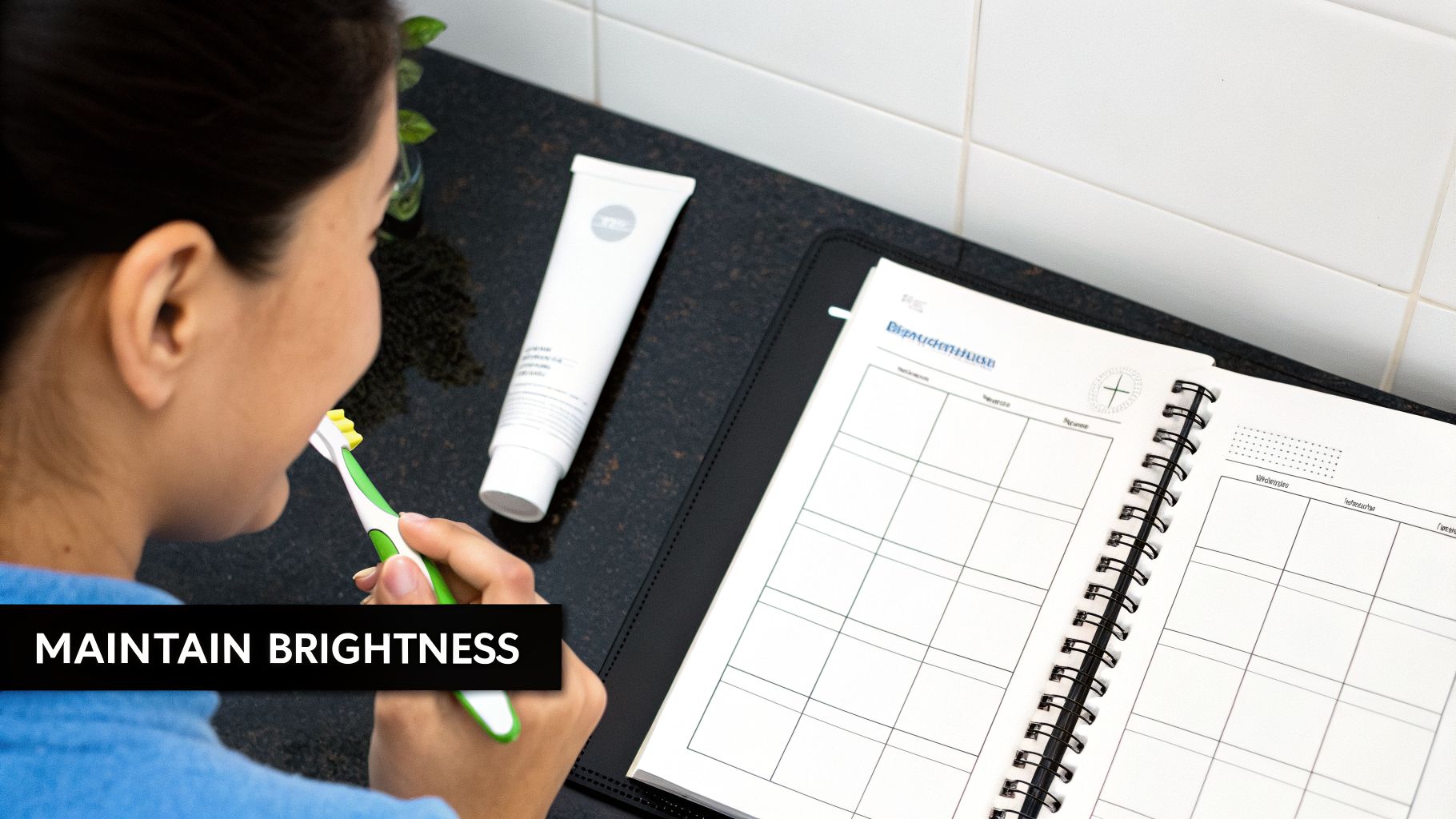 A woman holds a green toothbrush near her mouth, next to a toothpaste tube and planner.