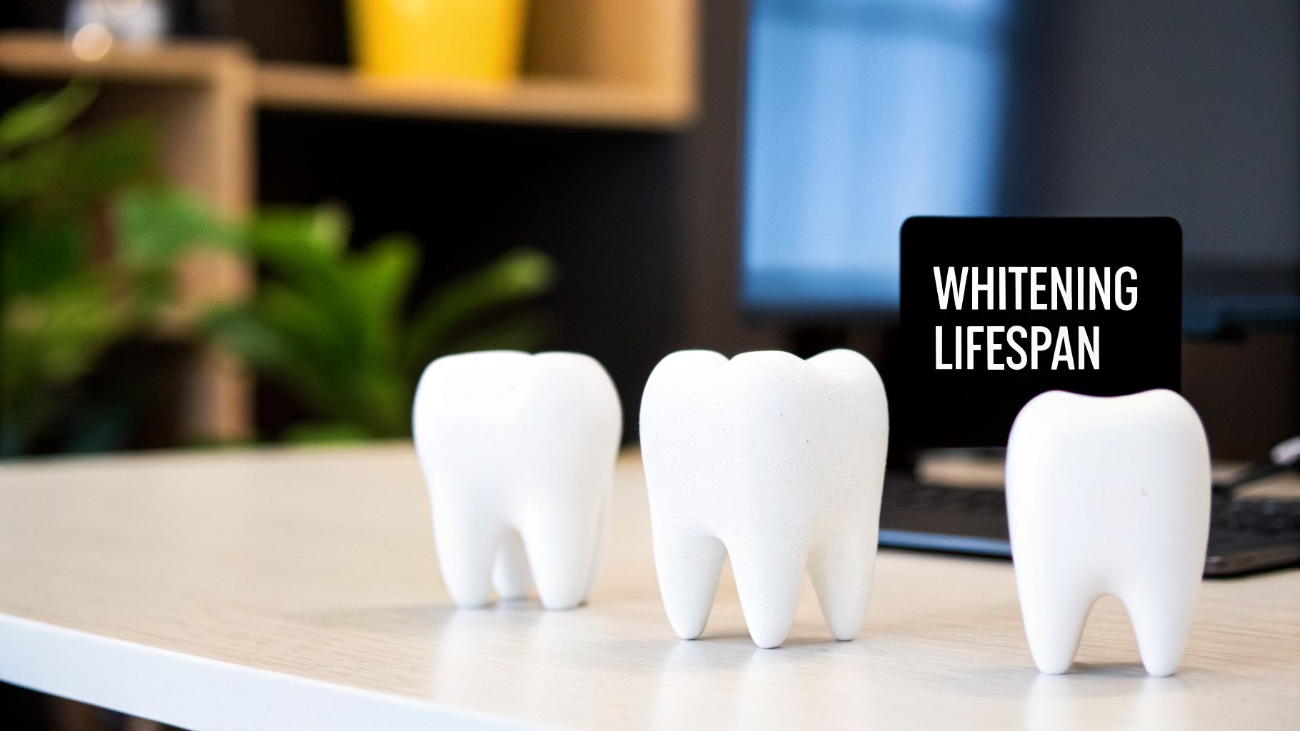 Three white tooth models on a desk with a computer screen displaying "WHITENING LIFESPAN" in a dental office.