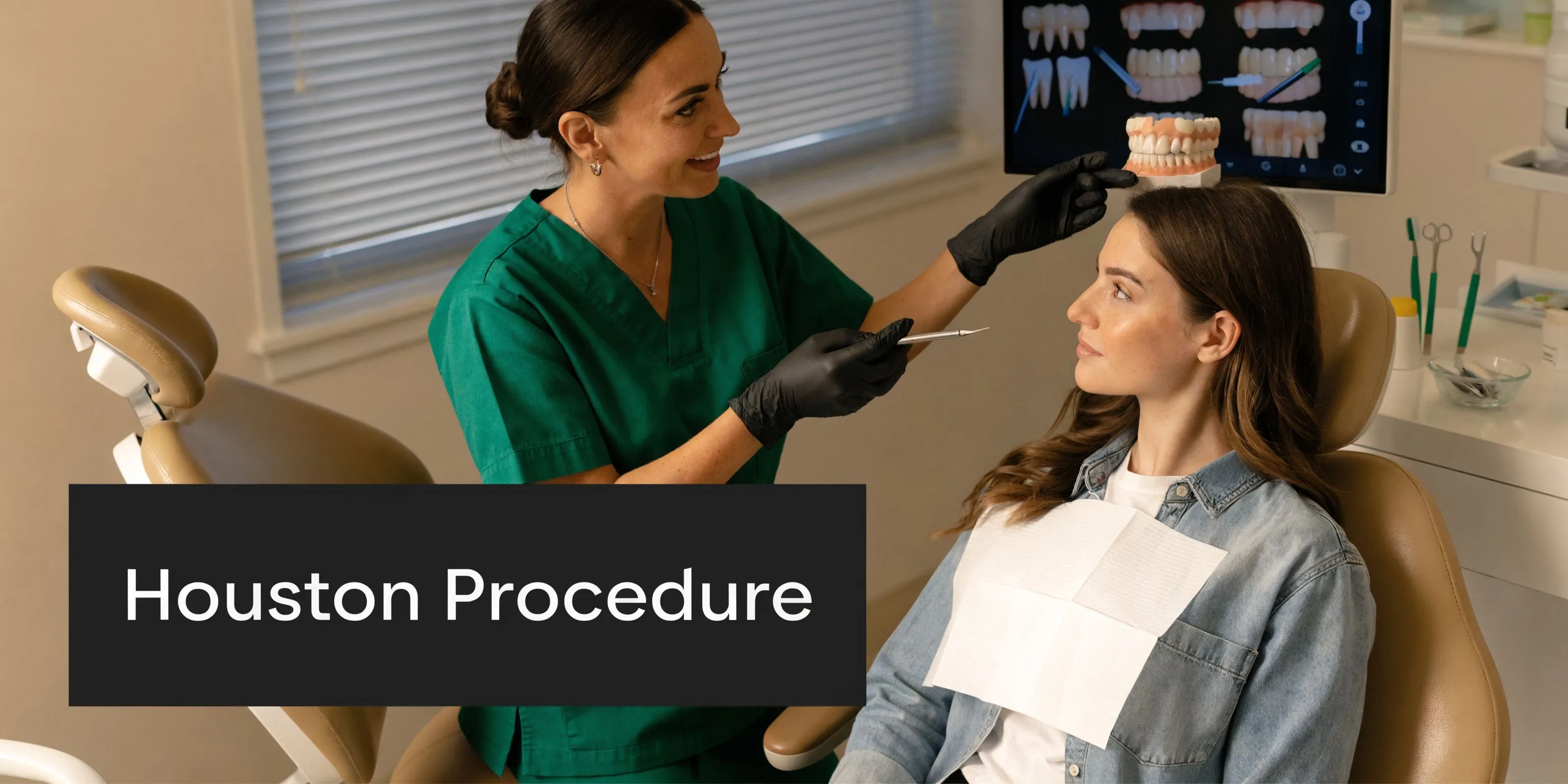 A professional dentist discussing a treatment plan with a patient using a dental model in Houston.