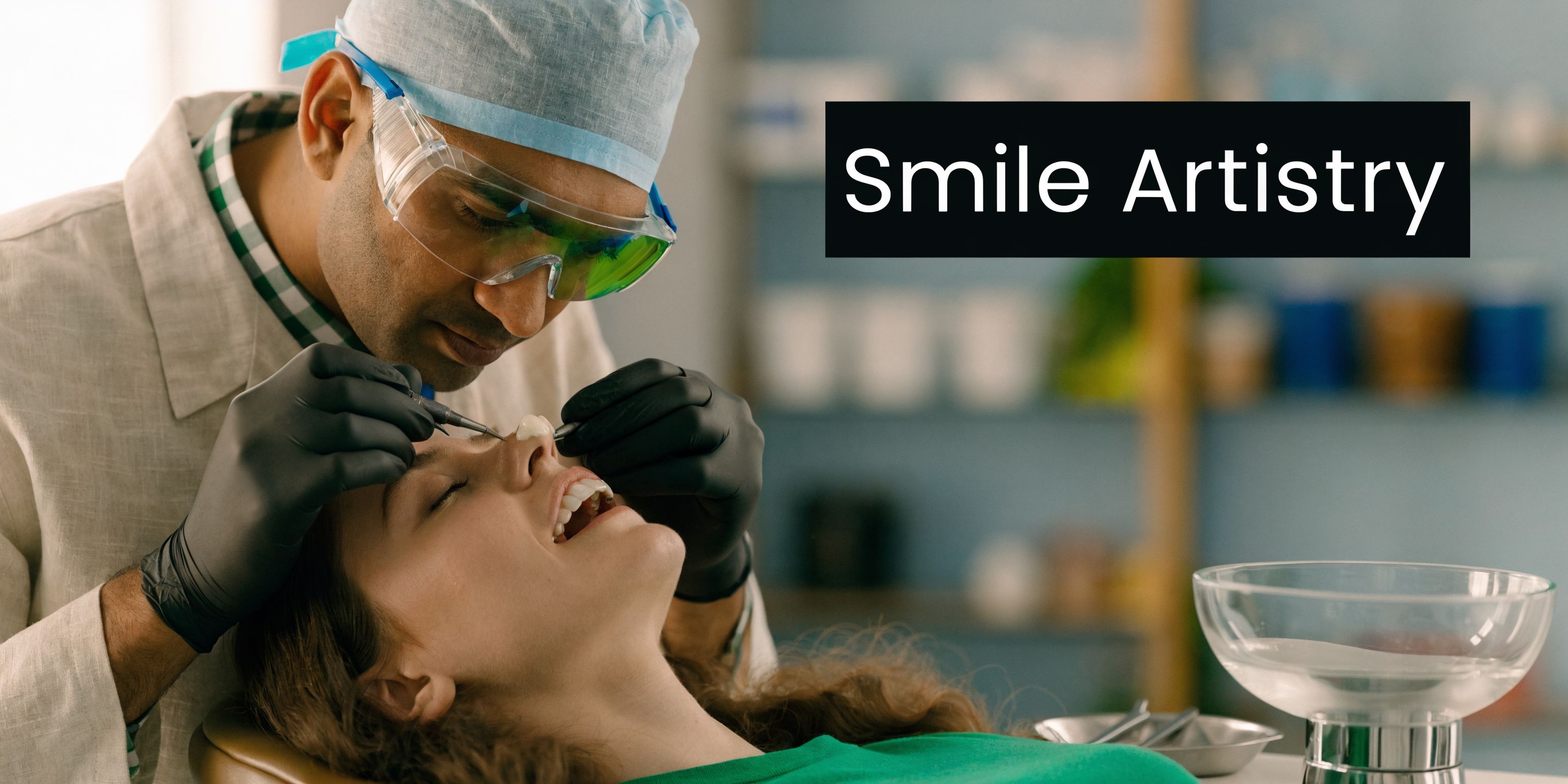 A professional dentist applying bonding material to a patient's teeth during a dental cosmetic procedure.