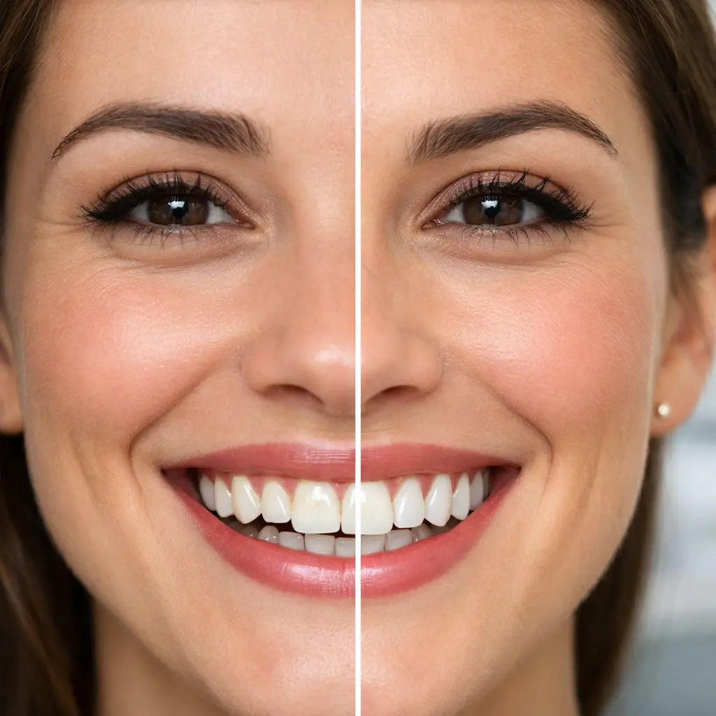 Before and after teeth bonding results showing improved smile and repaired chipped teeth in Houston TX