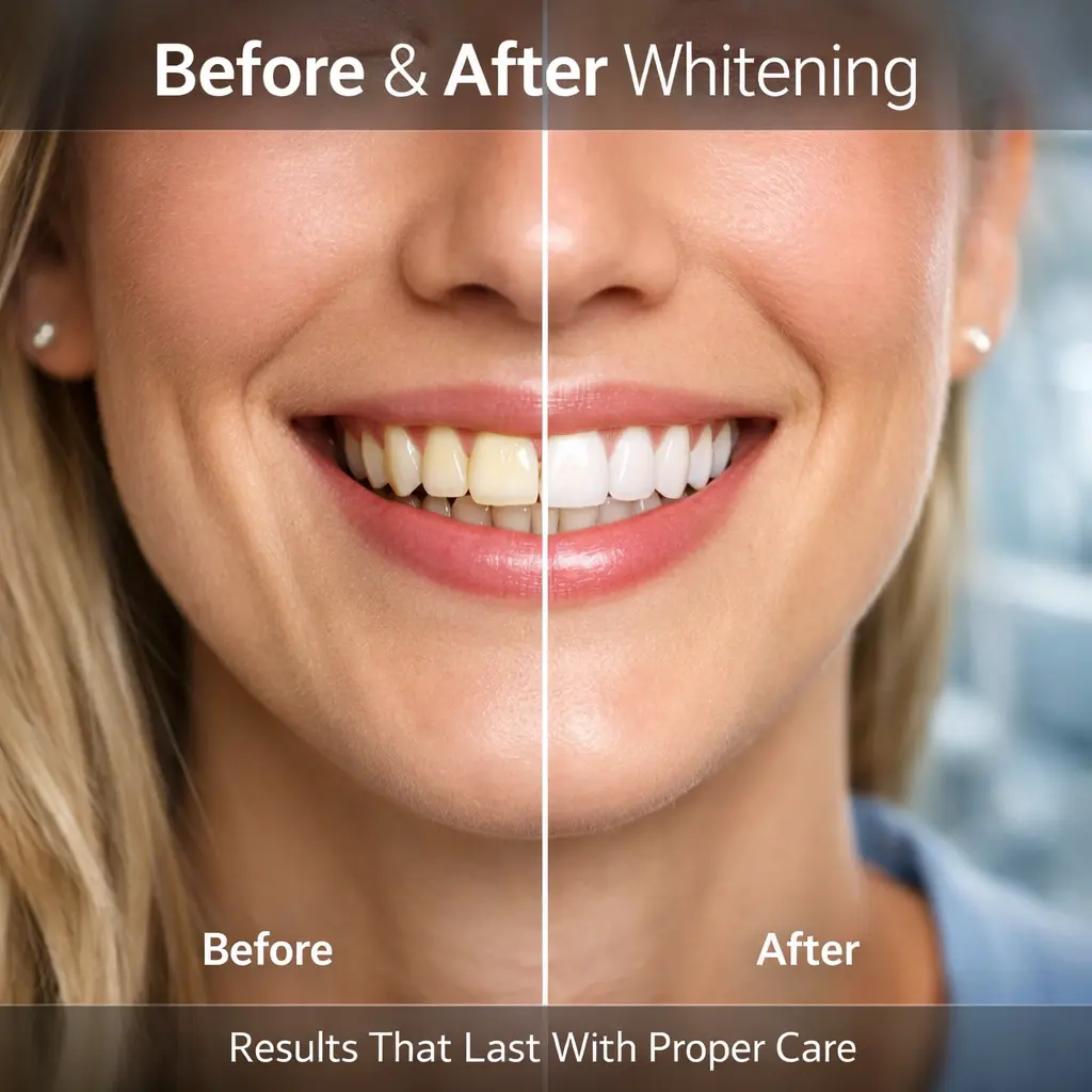 Before and after teeth whitening results with visible improvement in tooth color and brightness