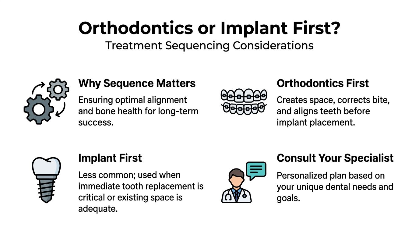 An infographic titled Orthodontics or Implant First outlining considerations for dental treatment sequencing and specialist consultation.