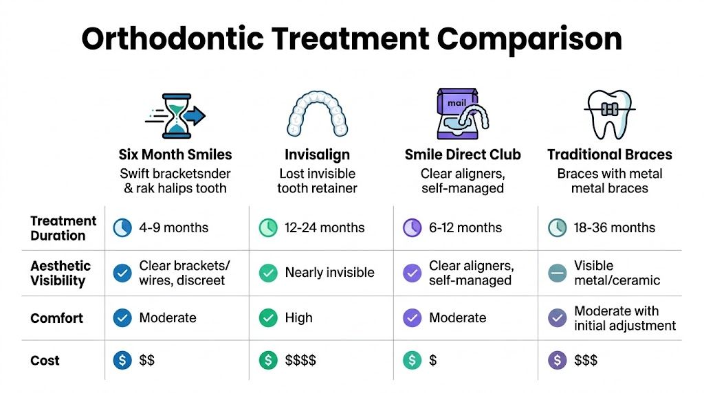 A comparison table detailing treatment duration, visibility, comfort, and cost for four different orthodontic options.