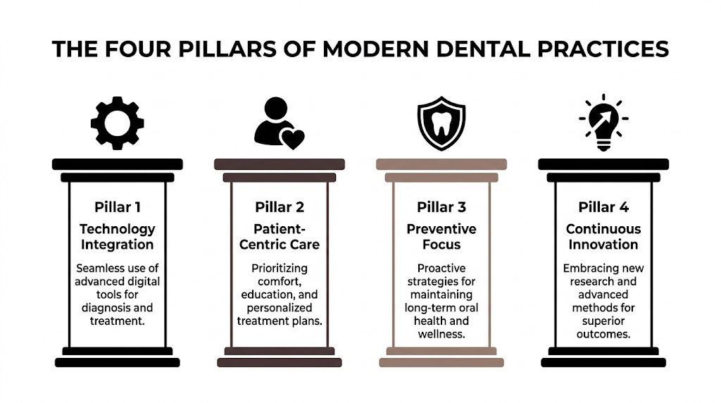 An infographic titled The Four Pillars of Modern Dental Practices showcasing technology, patient care, prevention, and innovation.