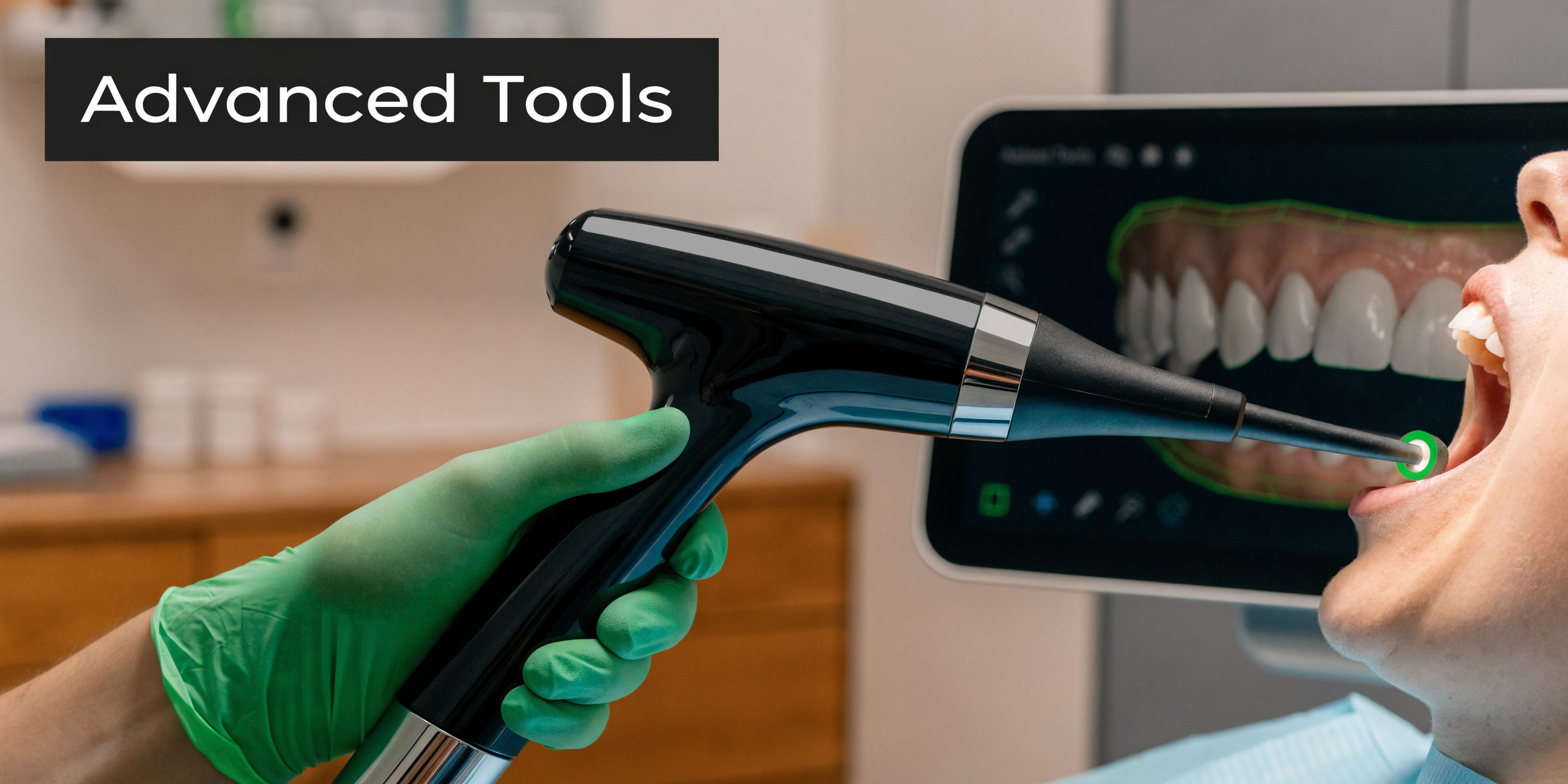A dentist using an advanced intraoral 3D scanner to create a digital impression of a patient's teeth.