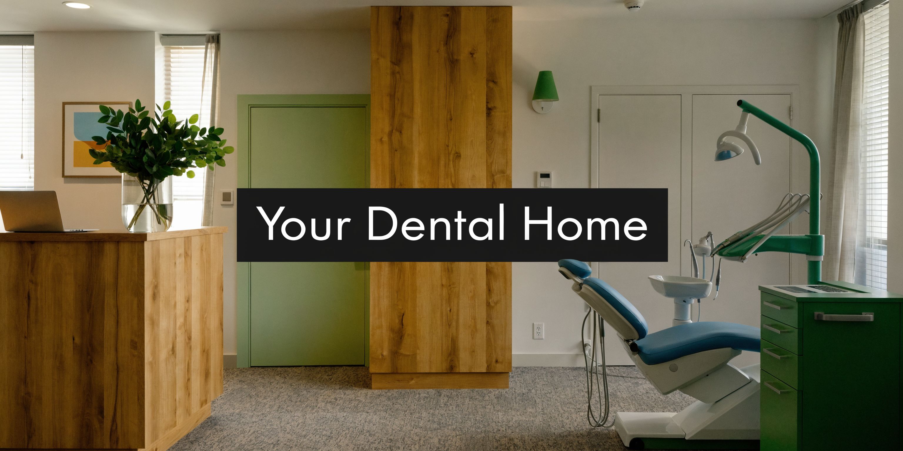 A clean, modern dental office featuring a comfortable treatment chair, natural wood accents, and calming green doors.