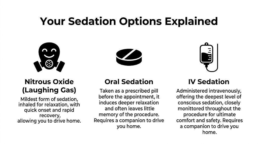 A chart illustrating different dental sedation options including nitrous oxide, oral sedation, and IV sedation methods.