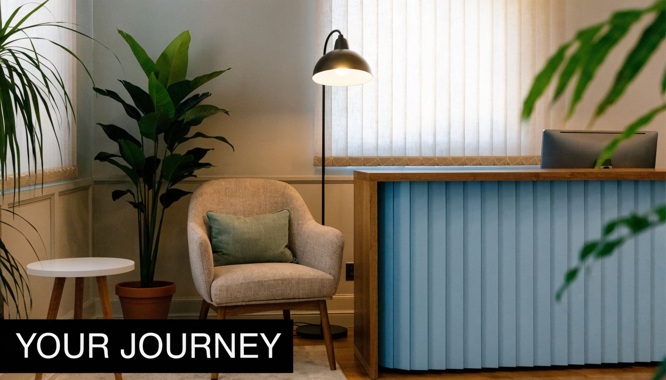 A modern, serene reception area with a comfortable armchair, a floor lamp, and a reception desk.