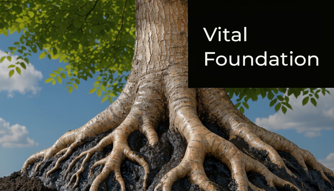 A close-up view of the exposed, strong root system of a large tree planted in soil.