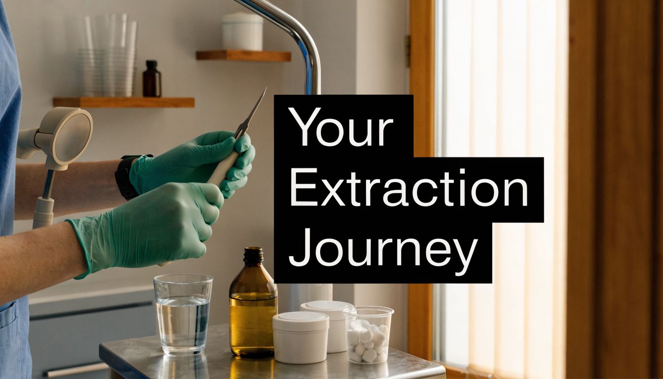A dental professional holding surgical tools prepared for a dental procedure with medical supplies on a table.