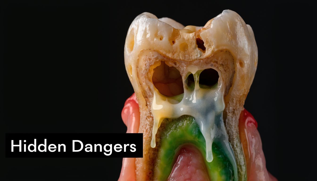 A cross-section of a decayed human tooth showing severe cavities and infection against a black background.
