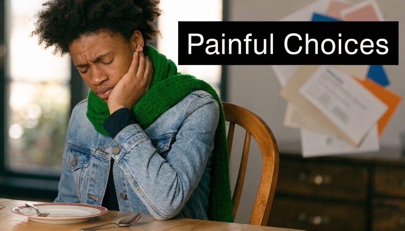 A person sitting at a dining table holding their jaw due to dental pain or illness.