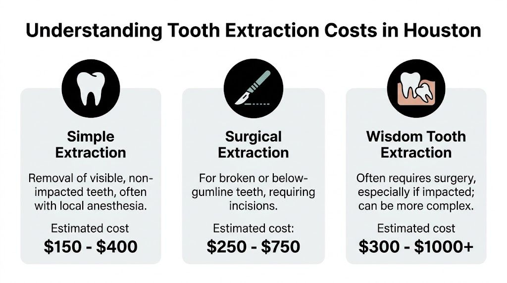 An infographic showing estimated costs for simple, surgical, and wisdom tooth extractions in Houston, Texas.