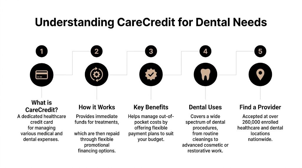 A five-step infographic explaining how CareCredit works for dental procedures and finding local providers.