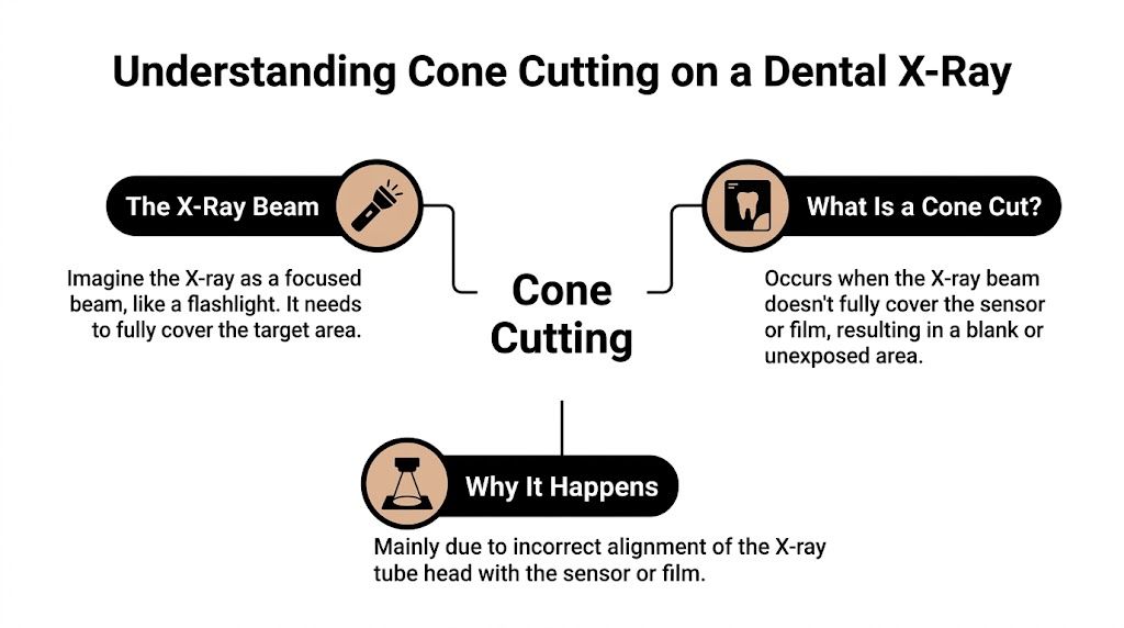 An infographic explaining cone cutting in dental X-rays, detailing its causes and improper beam alignment.