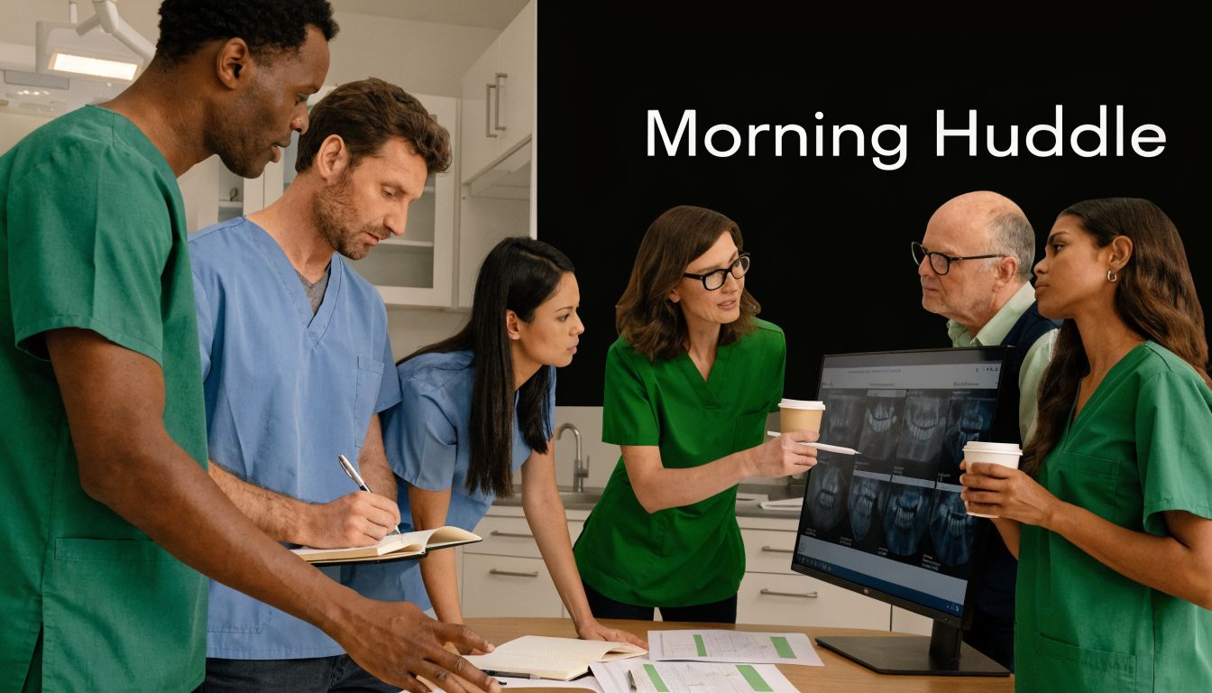 A team of dental professionals in scrubs participating in a morning huddle around a monitor.
