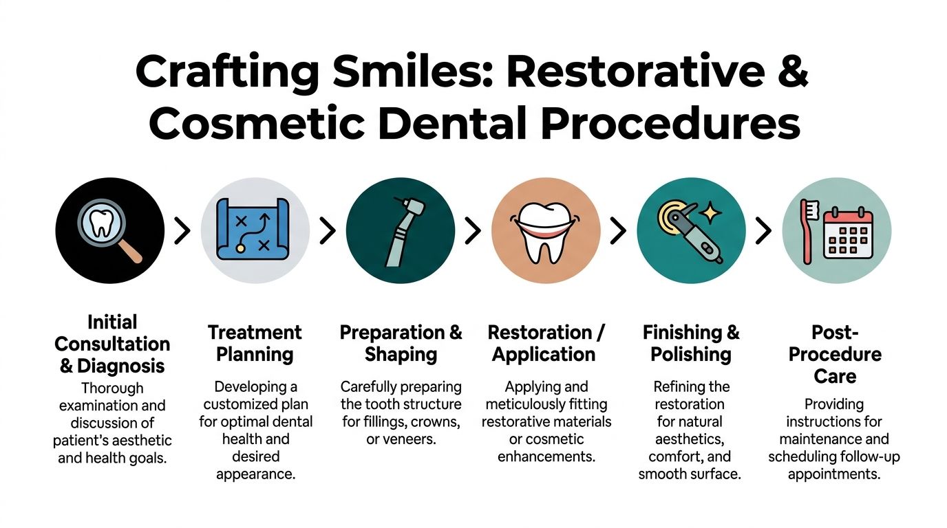 A visual flow chart illustrating the six stages of restorative and cosmetic dental procedures for patients.